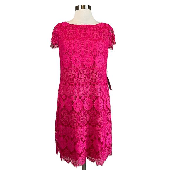 Eliza J Women's Cocktail Dress Size 8 Pink Floral Lace Short Sleeve Sheath - Picture 1 of 10